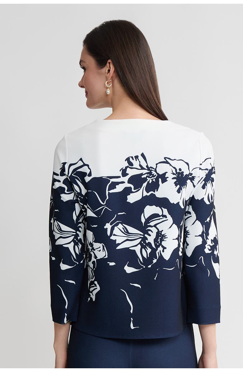 Ming Wang Floral Print Stretch Deco Crepe Blouse, Alternate, color, Indigo/White