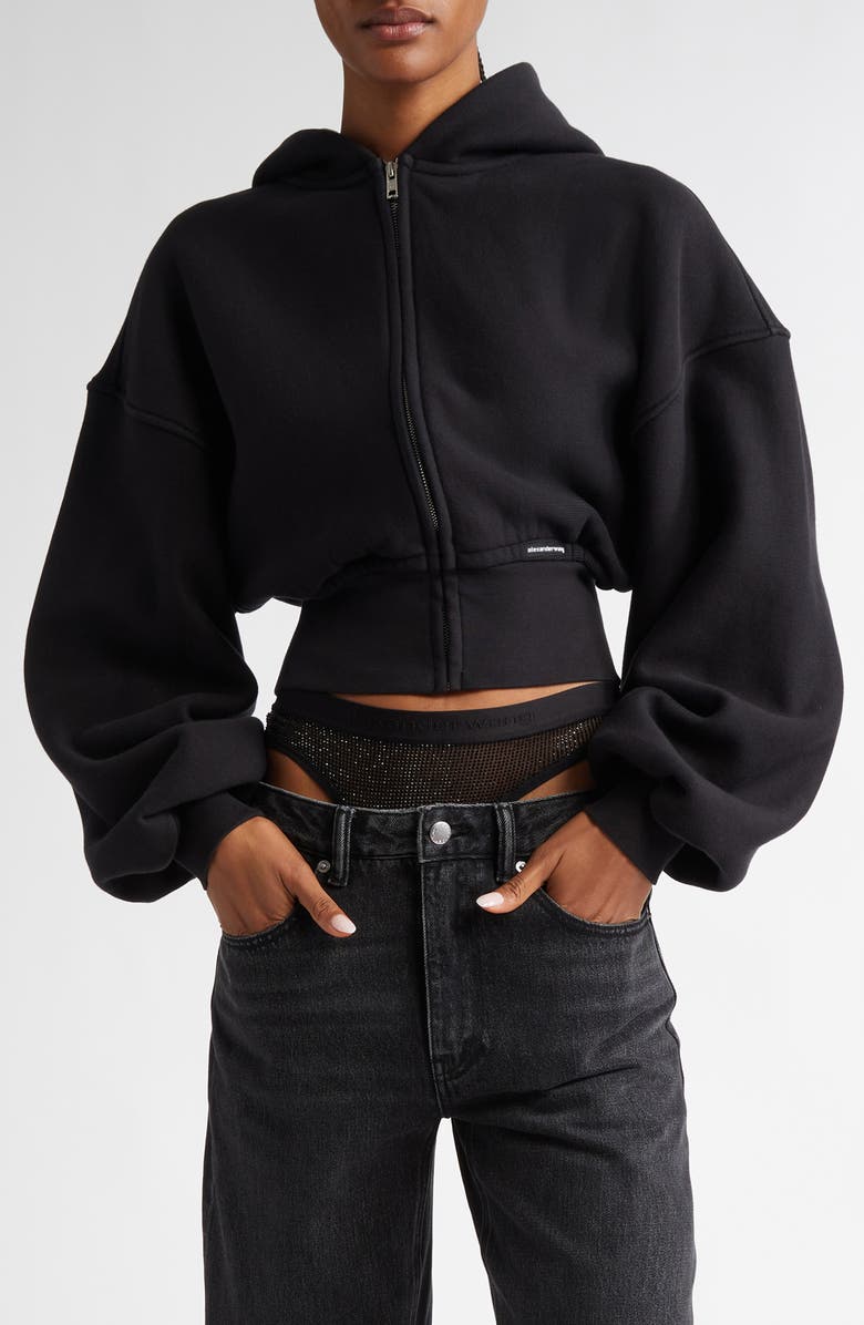 Alexander Wang Crop Front Zip Cotton Hoodie, Main, color,