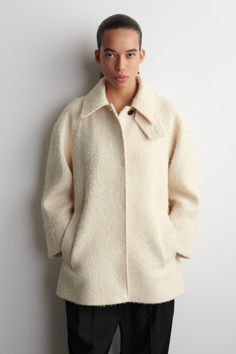 Mock-Neck Wool-Herringbone Short Coat, Alternate, color, CREAM