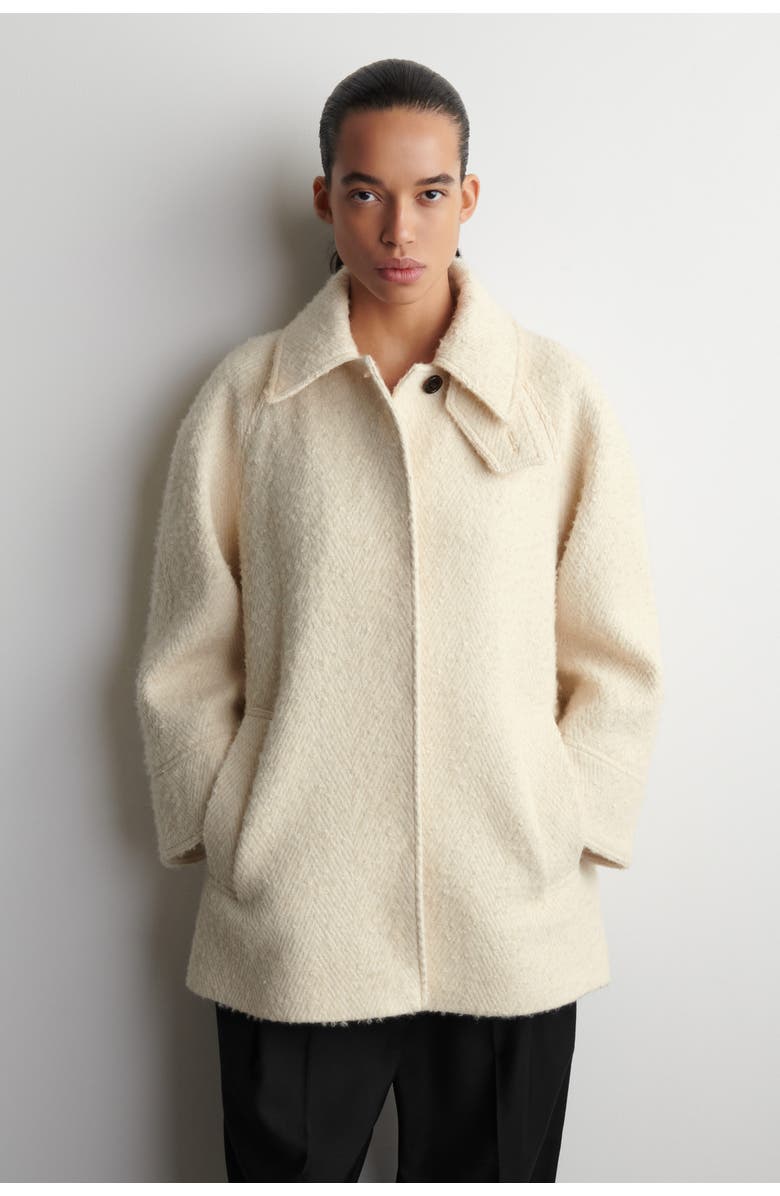 COS Mock-Neck Wool-Herringbone Short Coat, Alternate, color, Cream