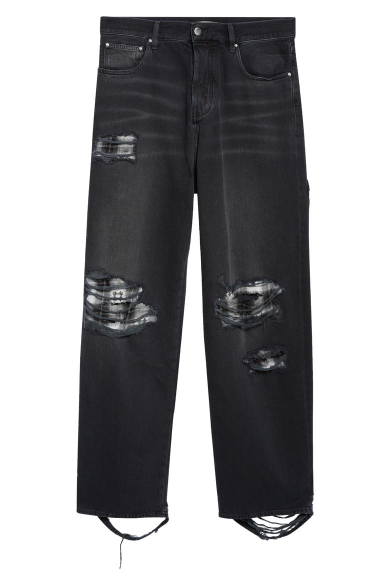 Flannel Repaired Baggy Jeans, Alternate, color, STEEL BLACK