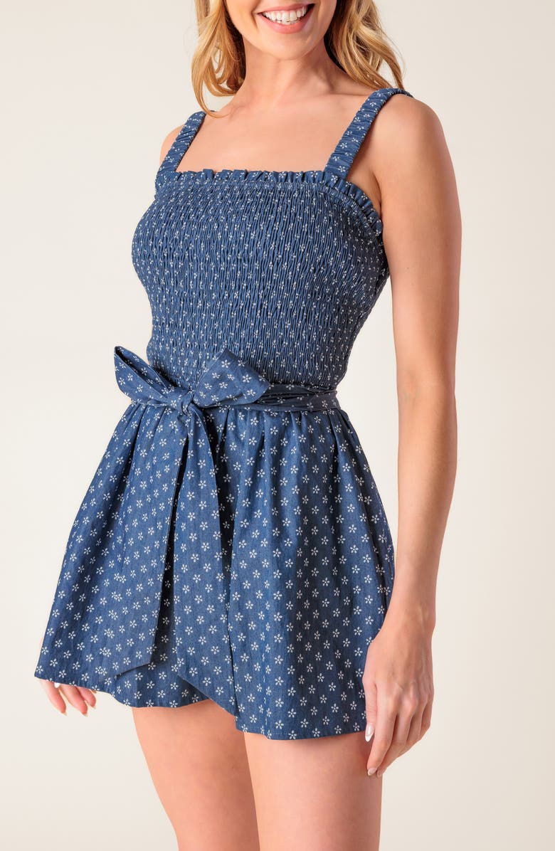 FLYING TOMATO Smocked Tie Waist Romper, Alternate, color, Denim