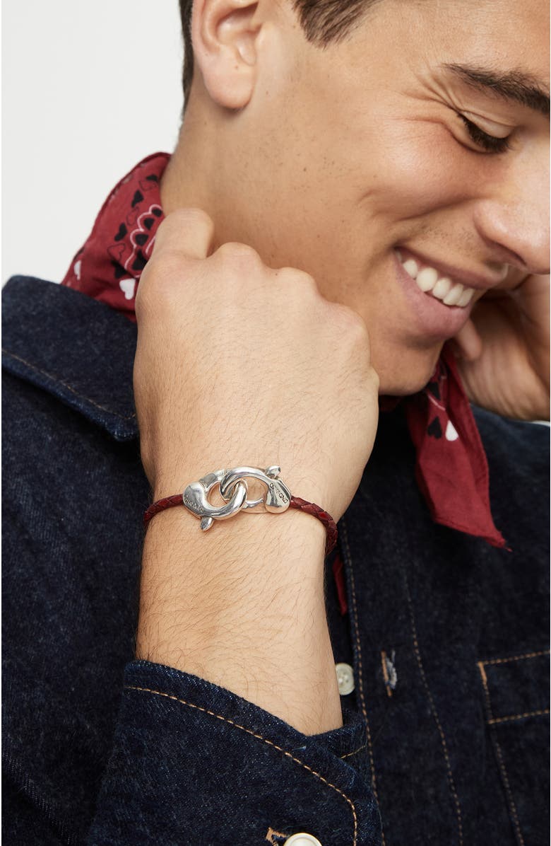 UNODE50 Red leather strap with interlocking carabiner detail, Alternate, color, Silver