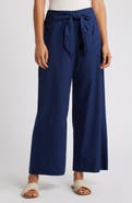 beachlunchlounge Florencia Tie Waist Wide Leg Cotton & Linen Pants