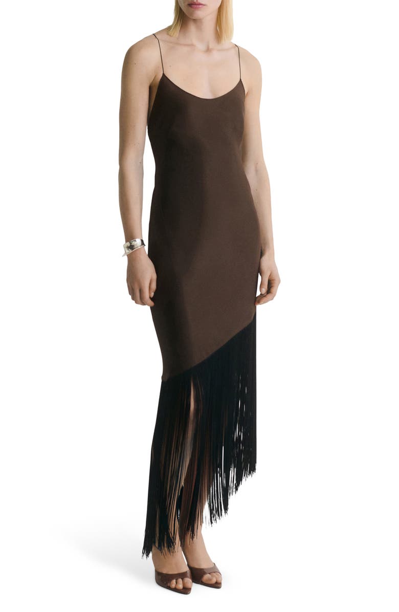 MANGO Fringe Trim Asymmetric Satin Slipdress, Main, color, Brown