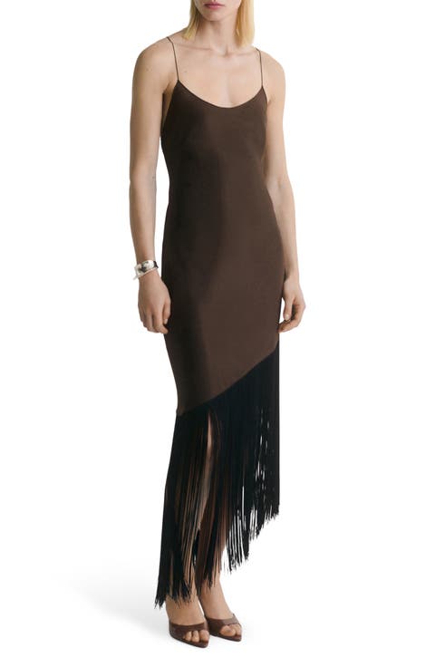 Fringe Trim Asymmetric Satin Slipdress
