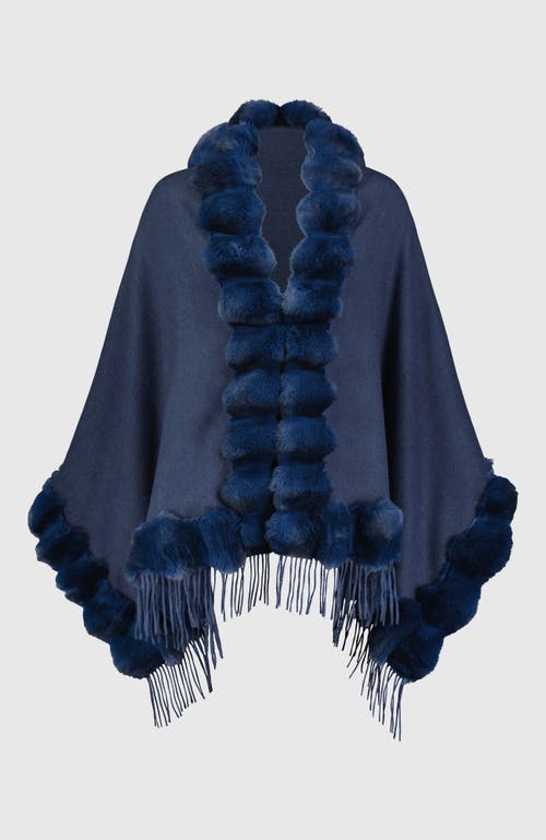 Lyla Grant Cashmere & Wool Blend Cape With Fur-free Chinchilla (faux Fur) Trim) In Blue