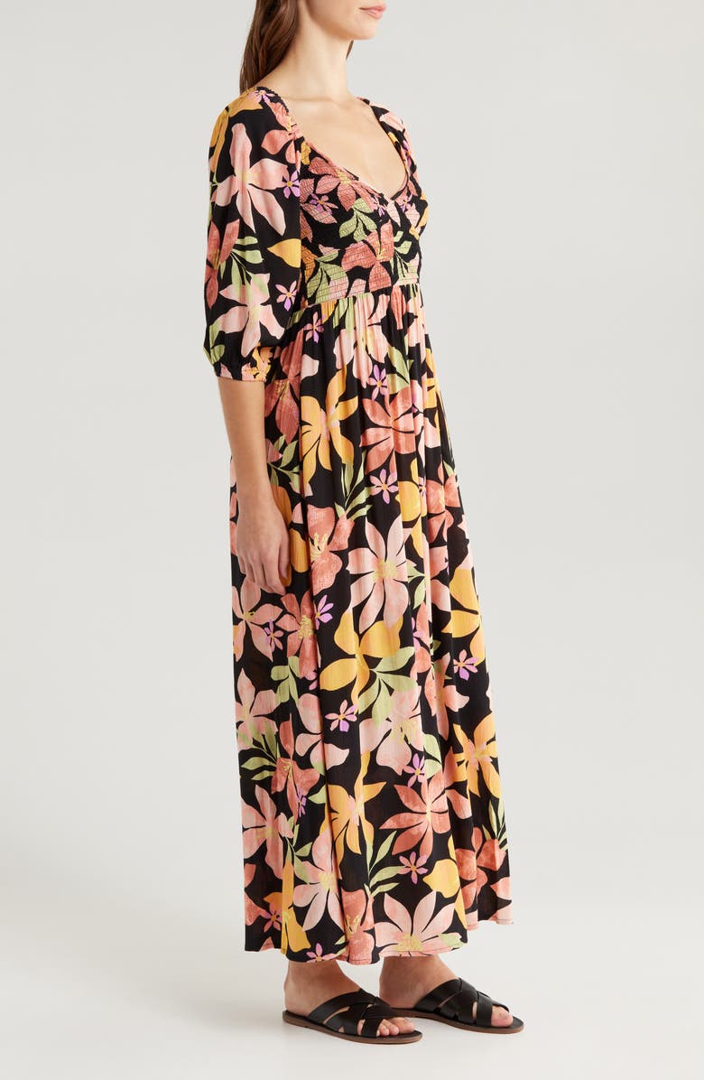 Billabong Wish Me Luck Floral Smocked Midi Dress, Alternate, color, Kiss The Earth