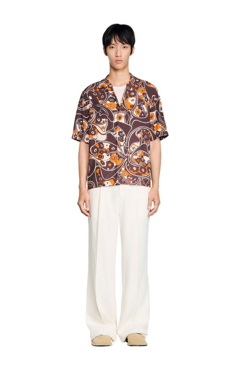 SANDRO Loose-fit print shark collar shirt, Alternate, color, Black Brown