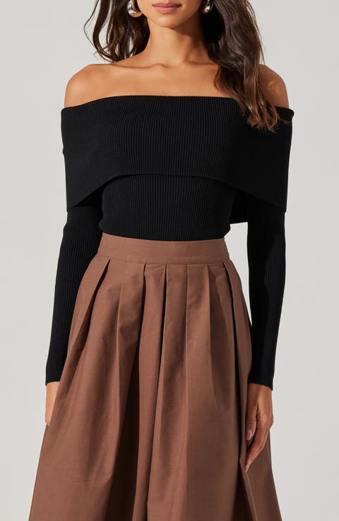 Foldover Off the Shoulder Rib Sweater