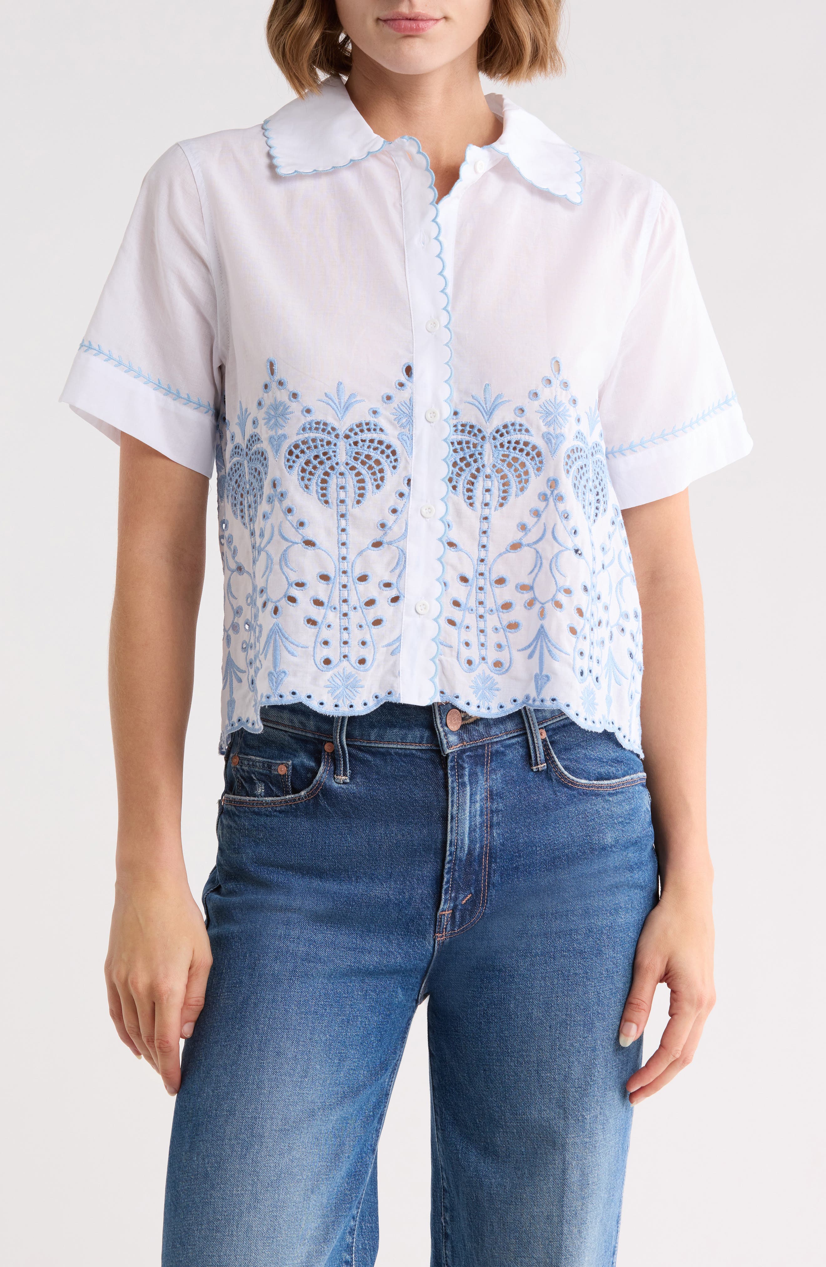 Palm Embroidered Short Sleeve Button Front Shirt