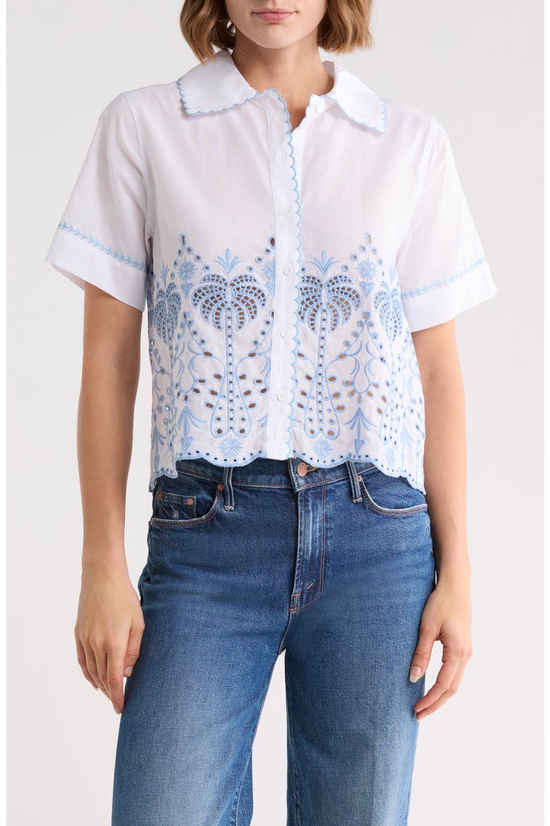 Palm Embroidered Short Sleeve Button Front Shirt, Main, color, WHITE/ BLUE