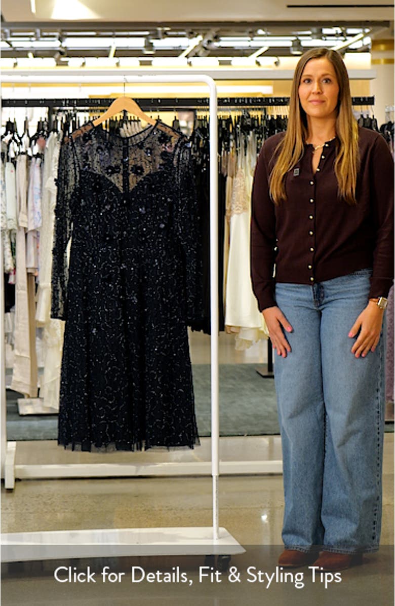 3D Floral Beaded Long Sleeve Illusion Cocktail Dress, sales video thumbnail