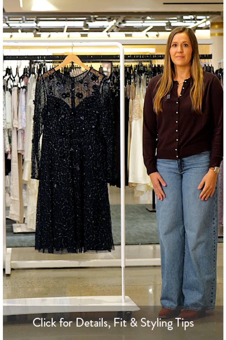 3D Floral Beaded Long Sleeve Illusion Cocktail Dress video