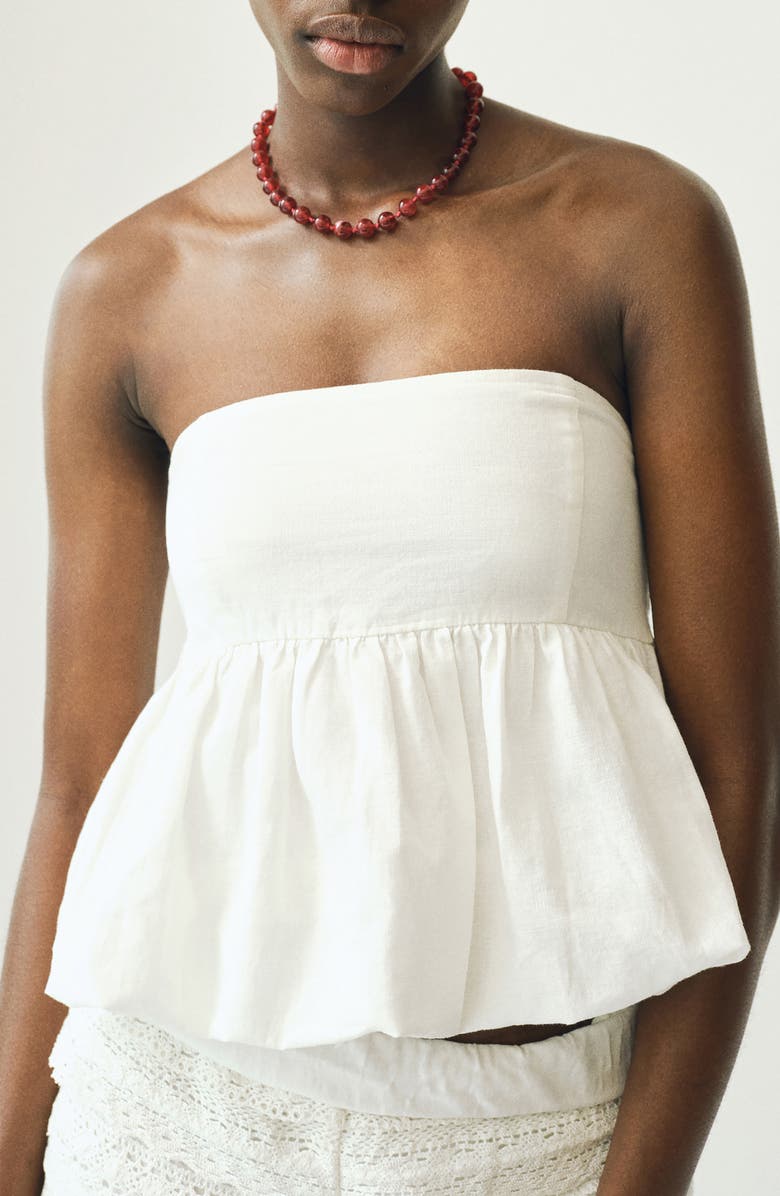 MANGO TEEN Cotton & Linen Strapless Peplum Top, Main, color, Off White