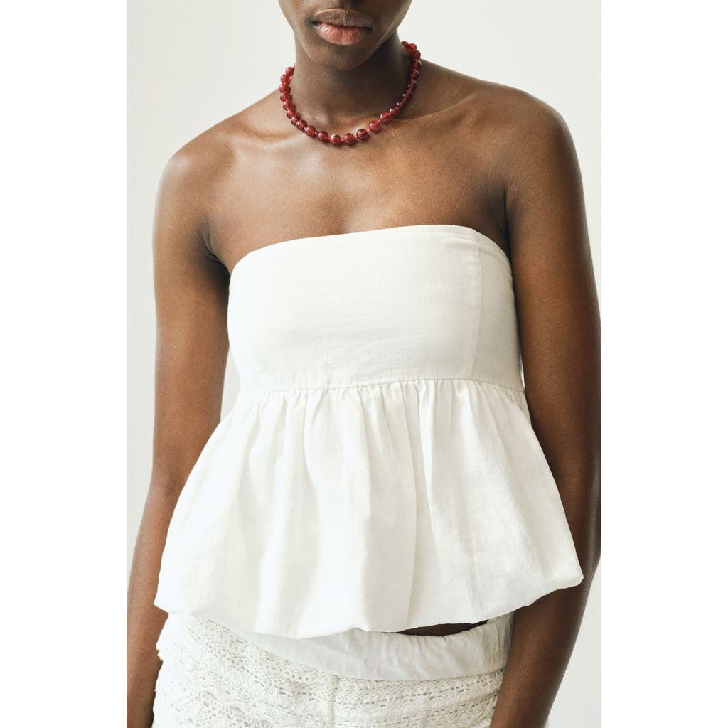 Mango Teen Cotton & Linen Strapless Peplum Top In White