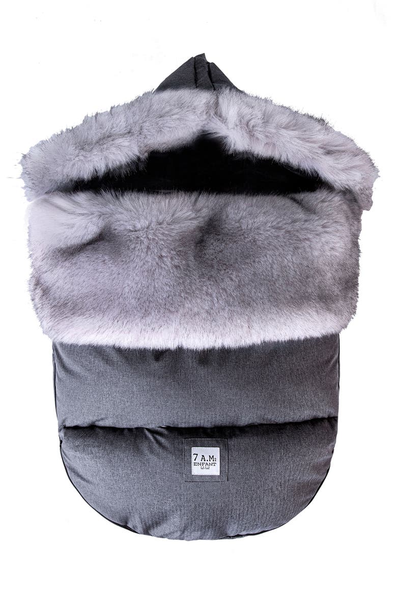 PlushPOD Tundra Water Repellent Faux Fur Lined Car Seat/Stroller Bunting, Main, color, HEATHER GREY DARK FAUX FUR