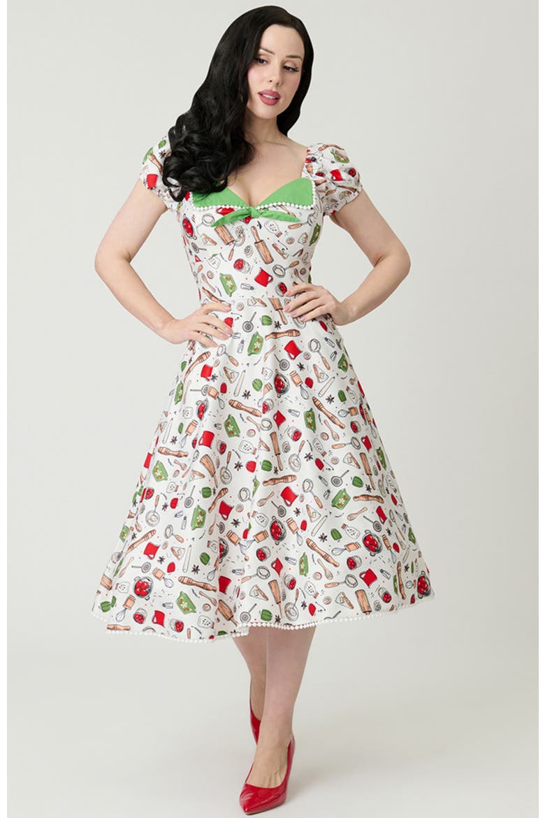 1950s Sweetheart Swing Dress, Main, color, White W/ Kitchen Print