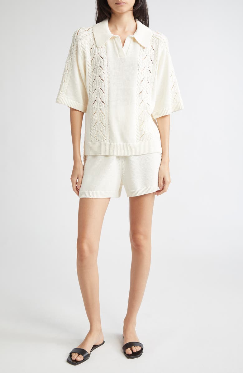 LOULOU DE SAISON Kina Johnny Collar Cotton Sweater, Alternate, color, Ivory