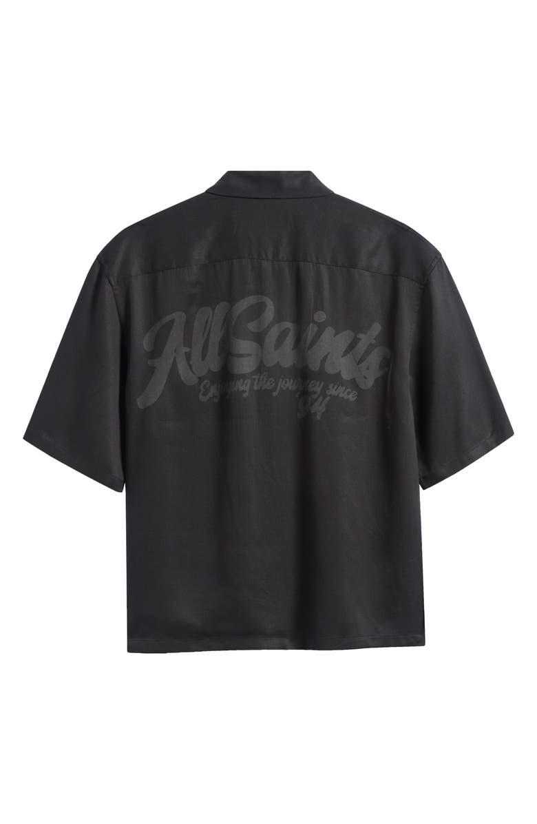 AllSaints Circe Logo Graphic Oversize Short Sleeve Button-Up Shirt, Alternate, color, Jet Black