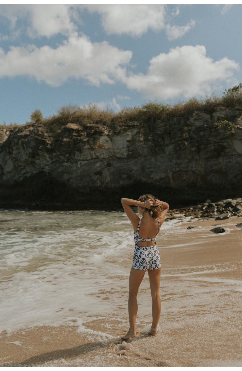 Geode Swimwear Aruba Open Back Bodysuit, Alternate, color, Black Botanical Floral