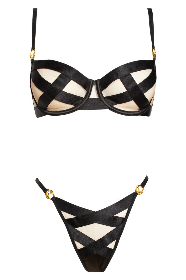 Raelynn Strappy Satin Underwire Bra & Thong Set, Alternate, color, BLACK/ MACCHIATO