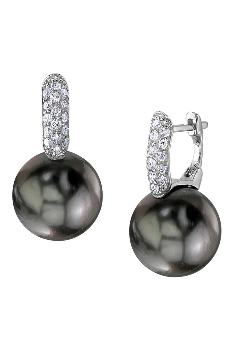 Tahitian South Sea Pearl & Diamond Huggie Emily Earrings, Main, color, White Gold