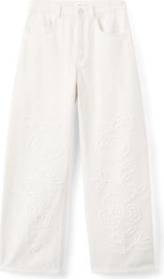 MANGO Floral Embroidered Wide Leg Jeans