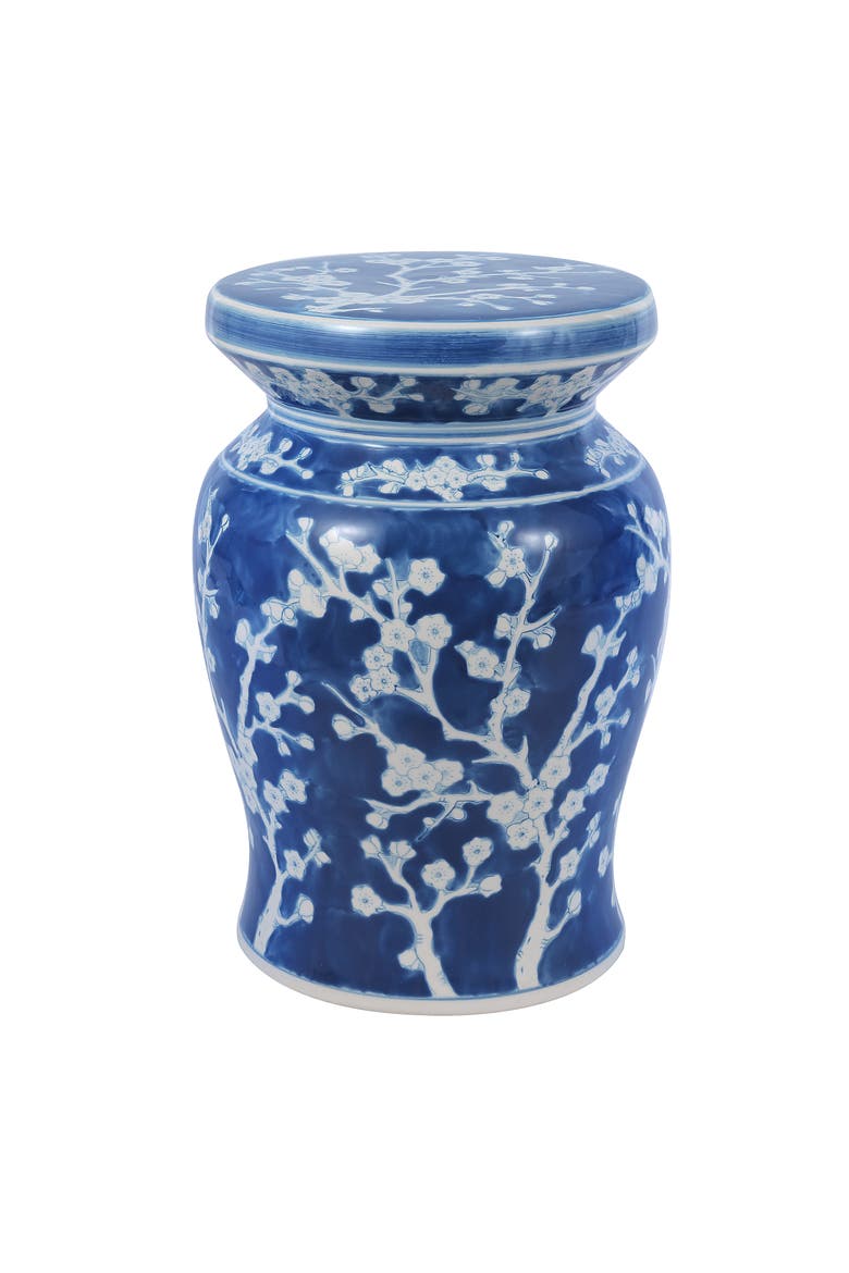Cherry Blossom Classic Ceramic Garden Stool, Indoor Outdoor Chinoiserie Patio Side Table and Plant Stand, Main, color, Blue/White