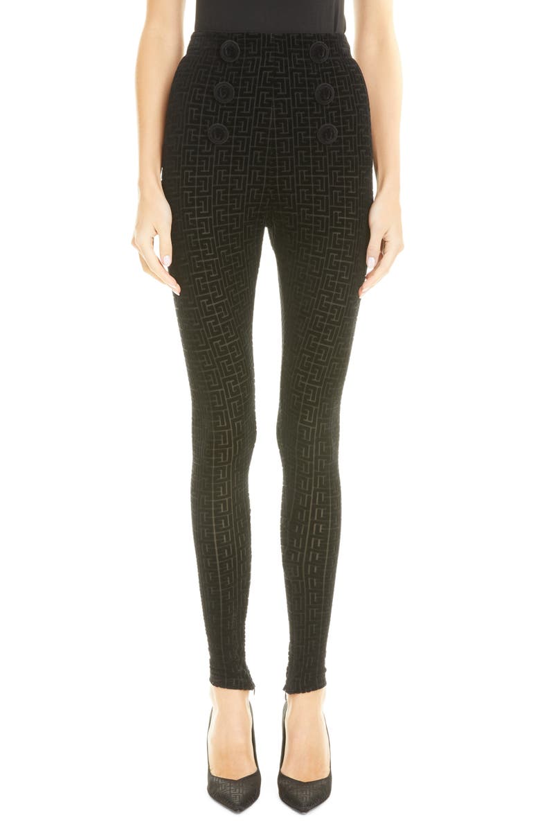 Balmain High Waist Monogram Velvet Leggings, Main, color,