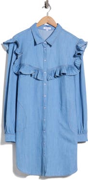 AREA STARS Parker Ruffle Denim Babydoll Shirtdress