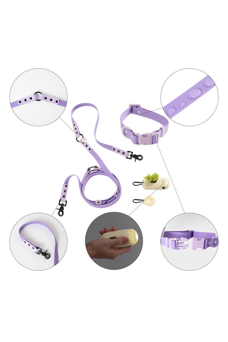 Luna Adjustable 6-in-1 Waterproof Hands-Free Leash and Collar with LED Flashlight, Bag Dispenser, and Poop Bag Holder, Alternate, color, Purple/Light Purple