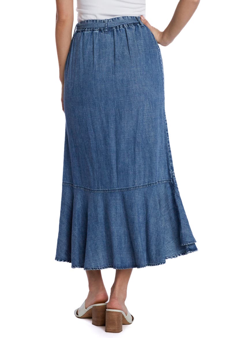 Ruffle Faux Wrap Denim Midi Skirt, Alternate, color, TIDE BLUE