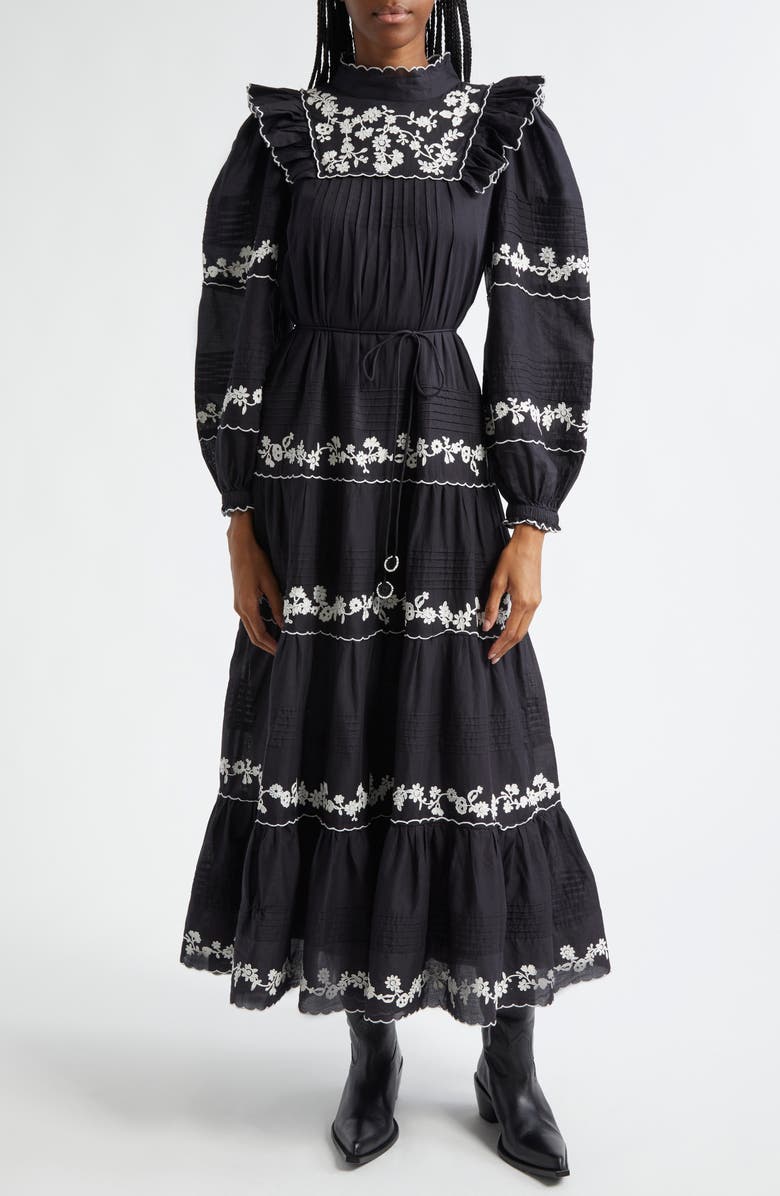 FARM Rio Flower Embroidery Long Sleeve Cotton Dress, Main, color, 