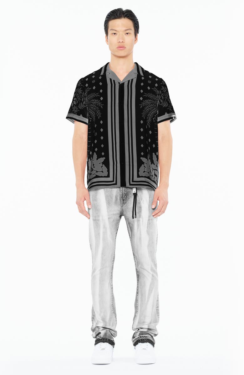 Cult of Individuality Border Print Short Sleeve Cotton Button-Up Shirt, Alternate, color, Black Retro