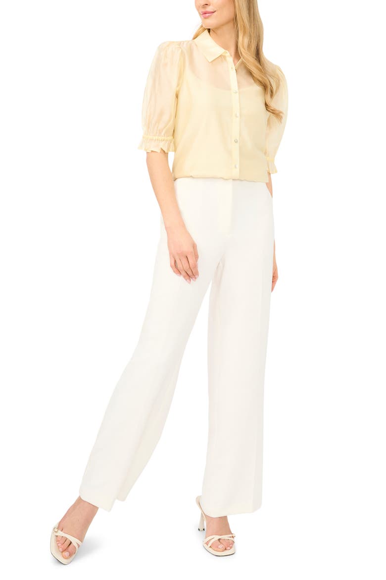 Puff Sleeve Semi Sheer Button-Up Top, Alternate, color, PASTEL YELLOW
