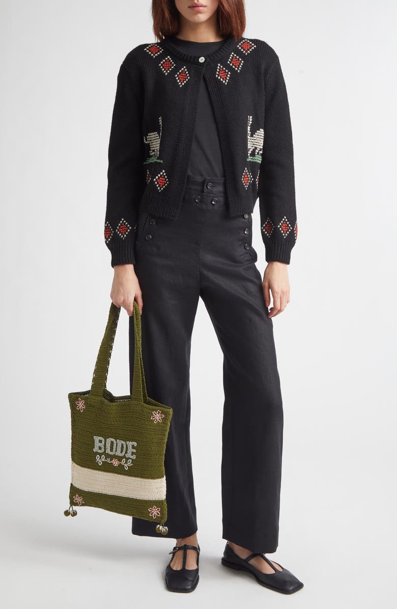 Bode Bunny Cross Stitch Wool Cardigan, Alternate, color, Black