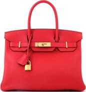 Pre-Owned Hermes Birkin Handbag Red Clemence with Gold Hardware 30