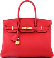 Pre-Owned Hermes Birkin Handbag Red Clemence with Gold Hardware 30