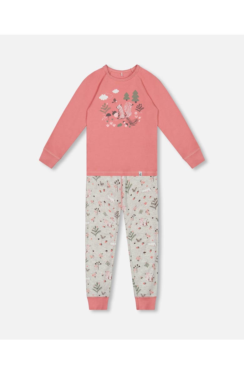 Deux par Deux Girl's Organic Cotton Two Piece Pajama Set Beige Mix Printed Squirrel, Main, color, Printed Squirrel