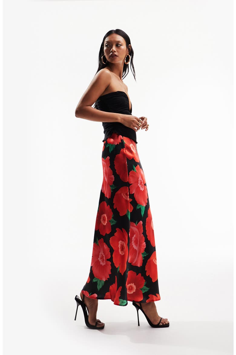 Floral Bias Cut Satin Skirt, Alternate, color, BLACK
