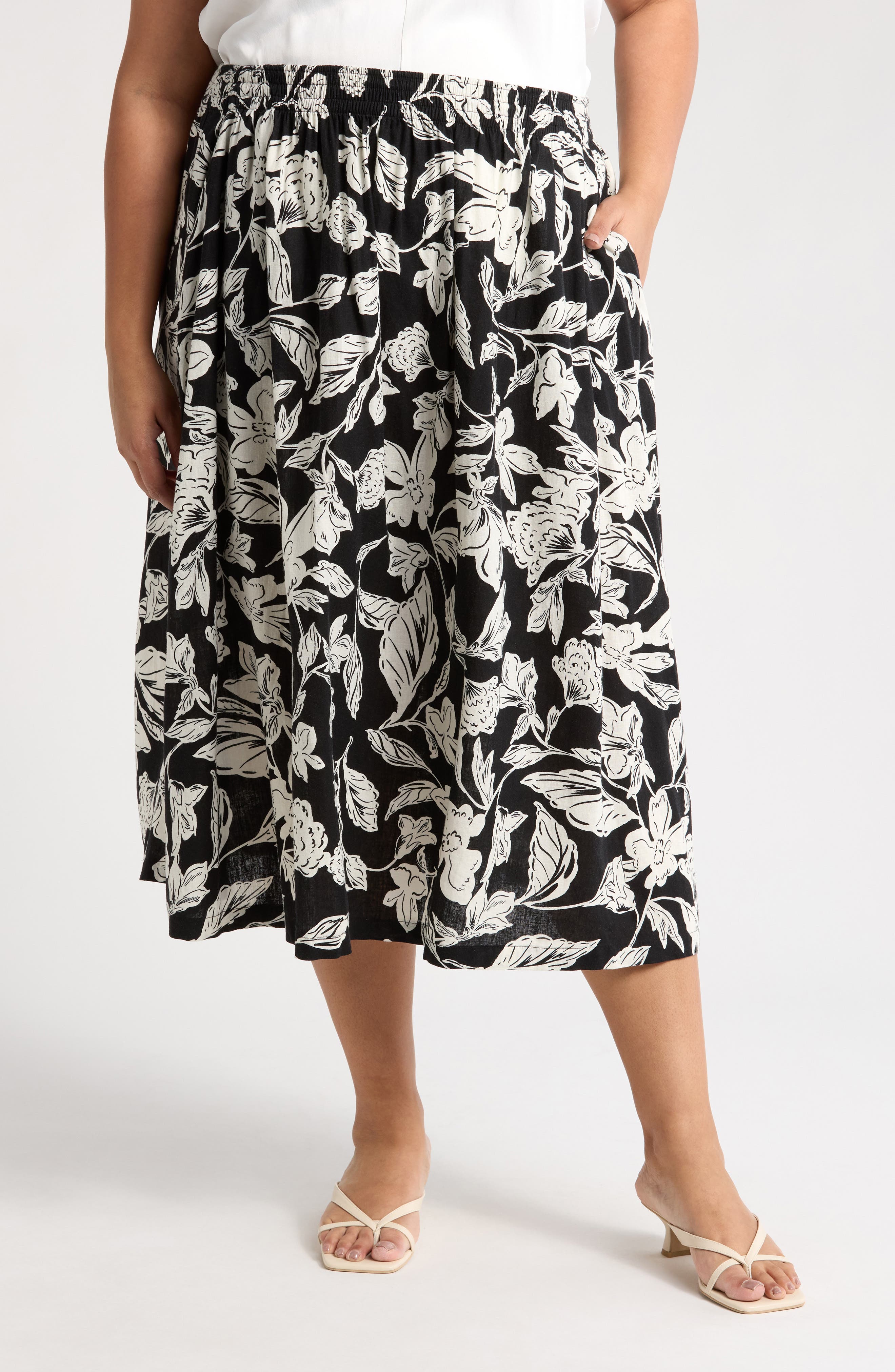 Caslon® Floral Linen Blend Pull-On Skirt