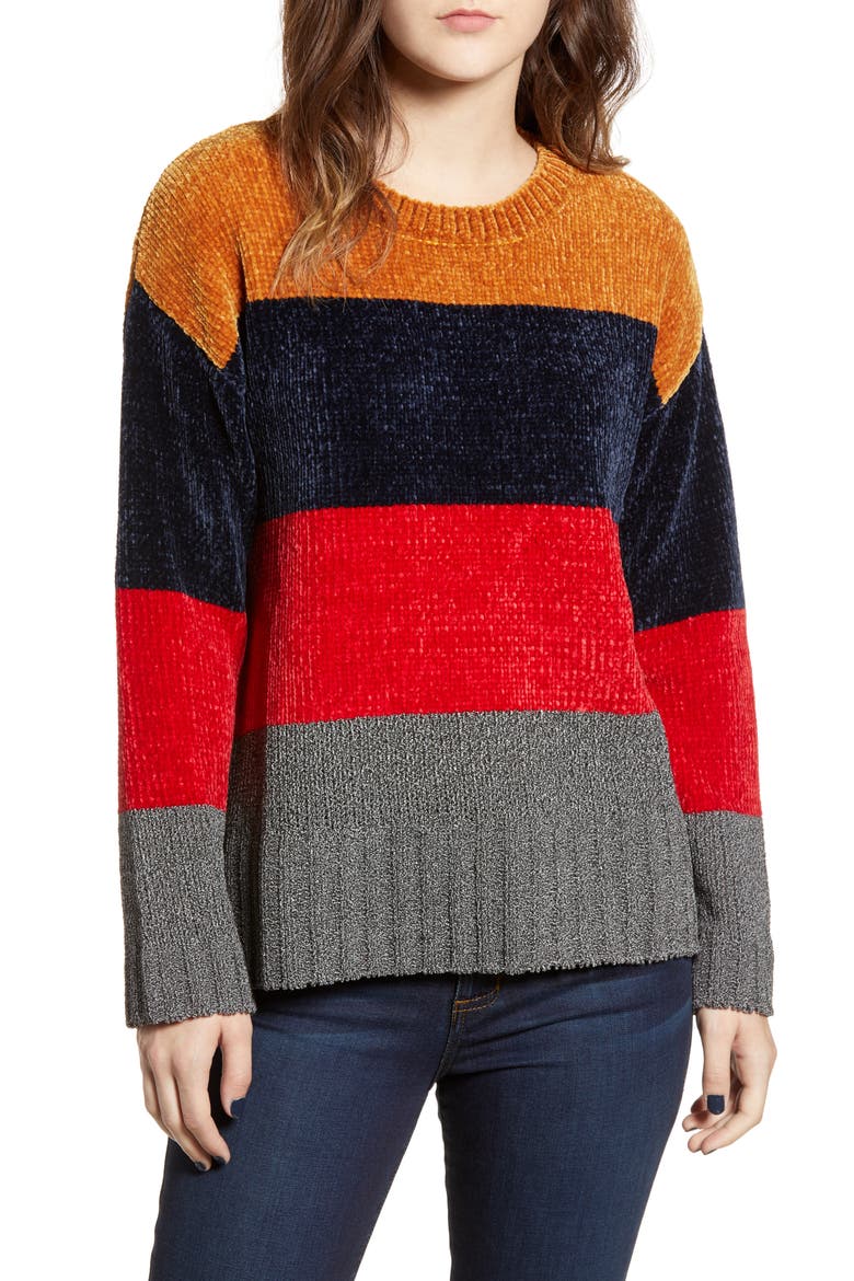 Stripe Chenille Sweater, Main, color, GOLD/ RED/ NAVY