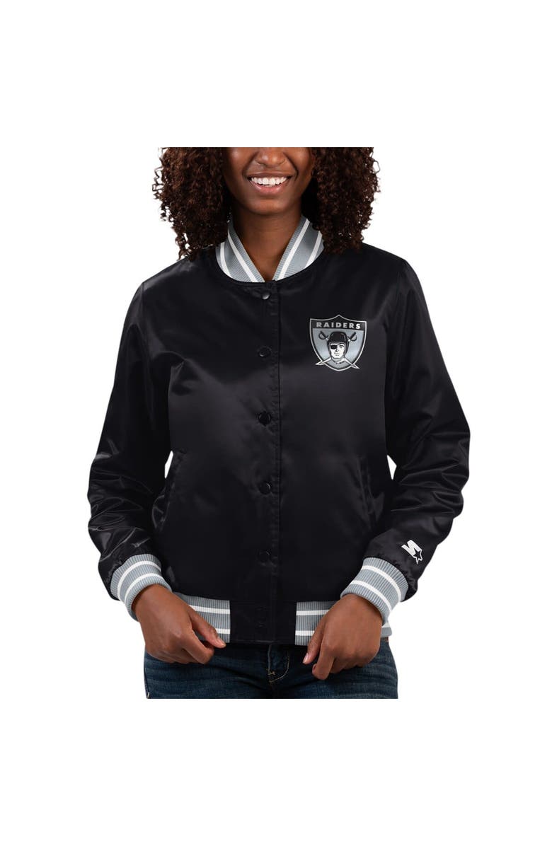 STARTER Women's Starter Black Las Vegas Raiders Full Count Satin Full-Snap Varsity Jacket, Alternate, color, 
