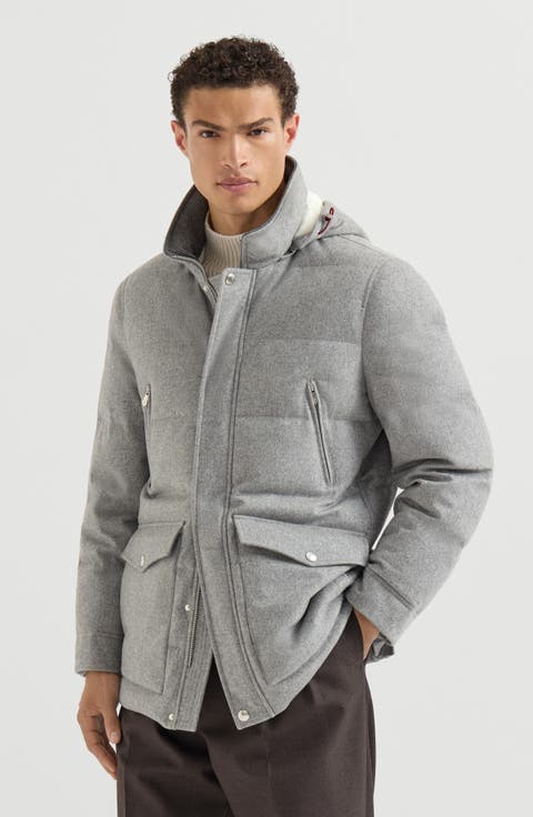 Bonded wool flannel down parka with detachable hood