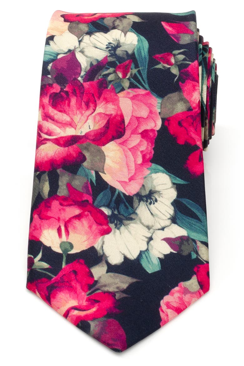 Painted Floral Black Silk Tie, Main, color, BLUE
