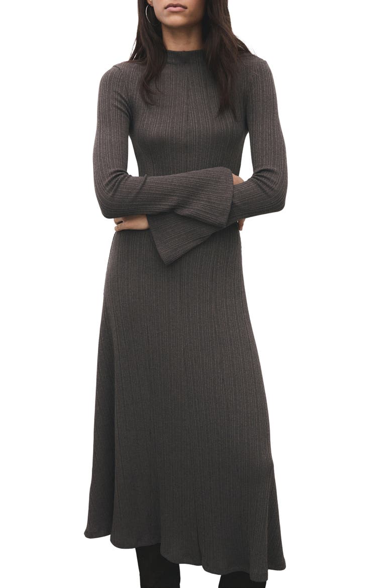 Long Sleeve Rib Midi Dress, Main, color, MEDIUM BROWN