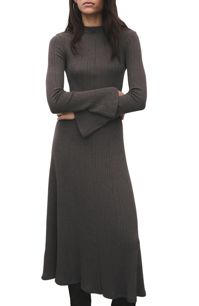 MANGO Long Sleeve Rib Midi Dress, Main, color, Medium Brown
