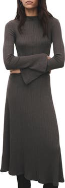 MANGO Long Sleeve Rib Midi Dress