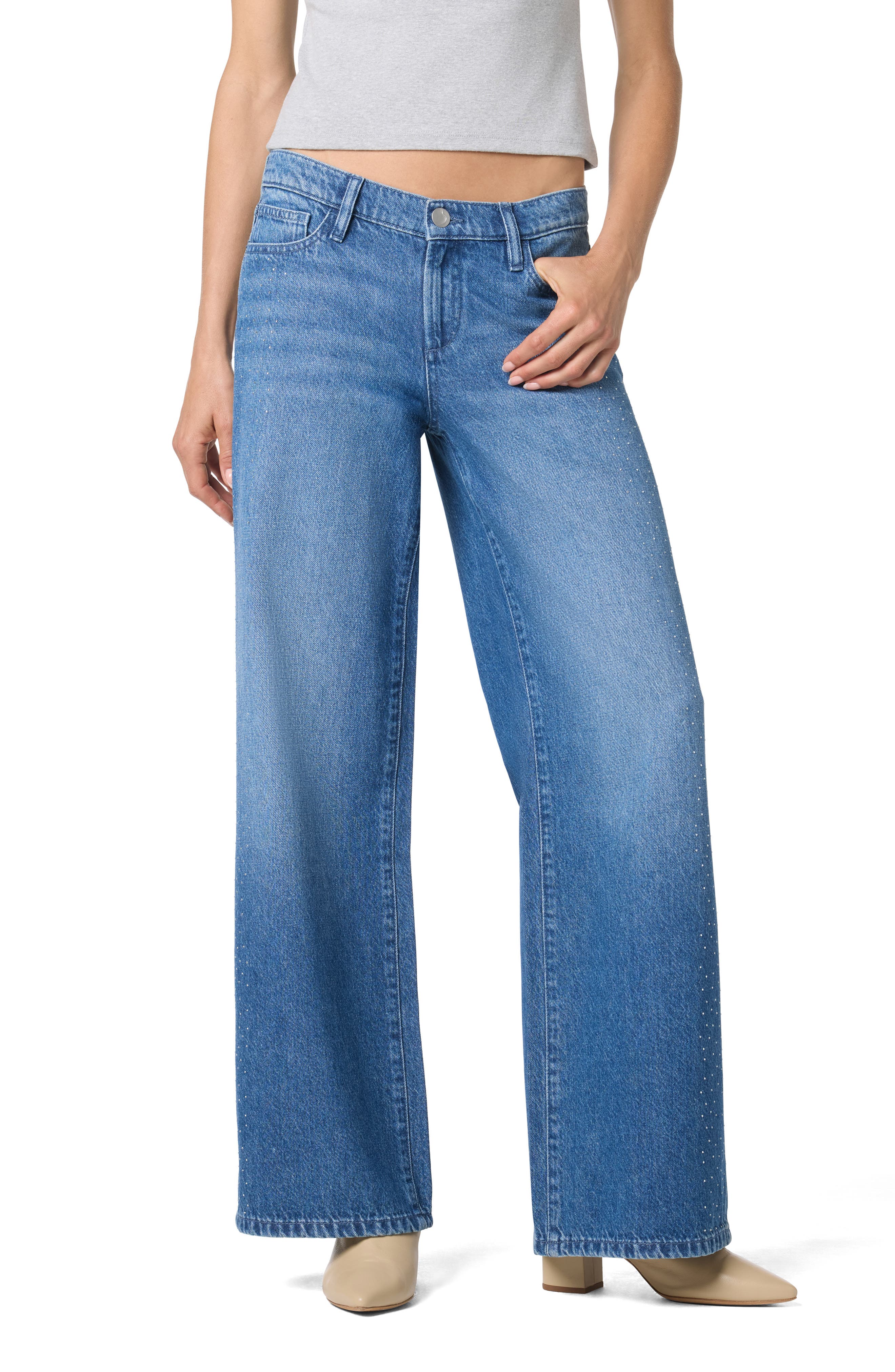 Joe's Crystal Embellished Low Rise Wide Leg Jeans
